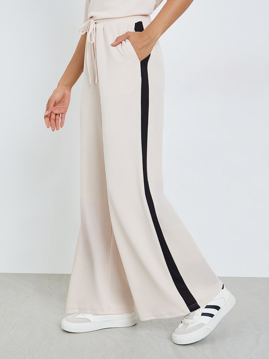 Beige Wide Leg Joggers with Side Stripe