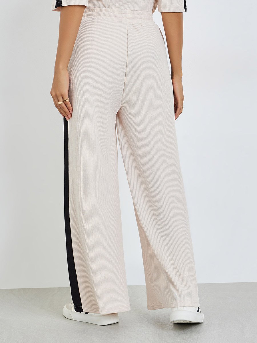 Beige Wide Leg Joggers with Side Stripe