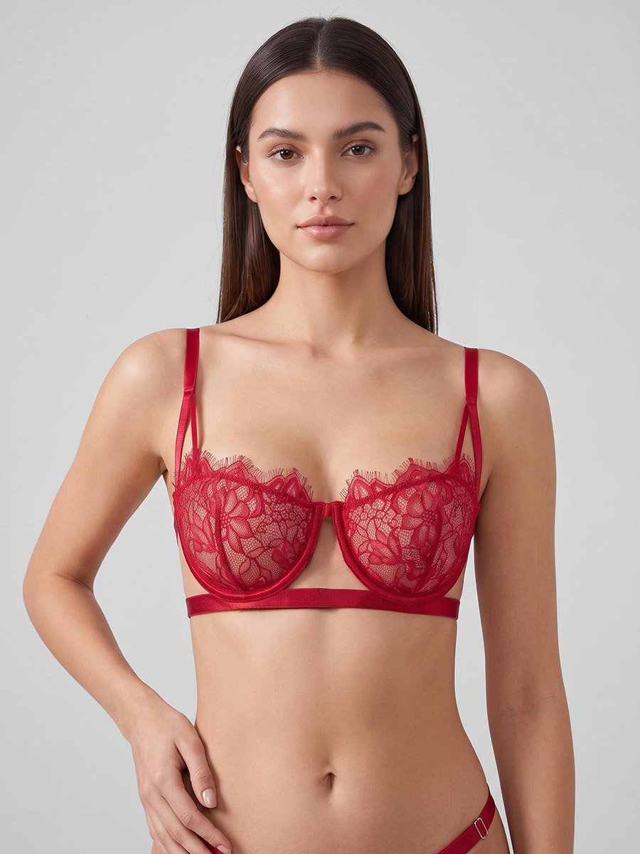 Burgundy All-Over Lace Non Padded Wired Balconette Bra and Thong Lingerie Set