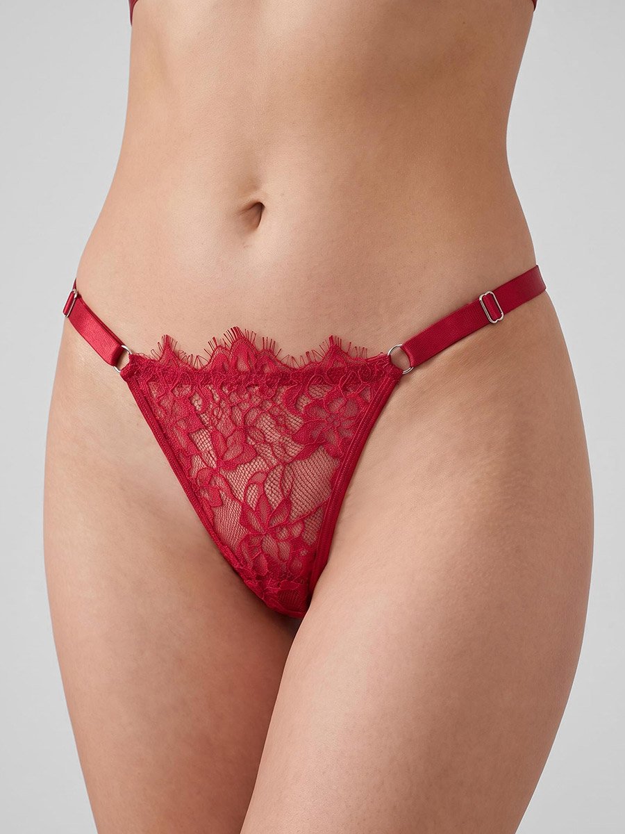 Burgundy All-Over Lace Non Padded Wired Balconette Bra and Thong Lingerie Set