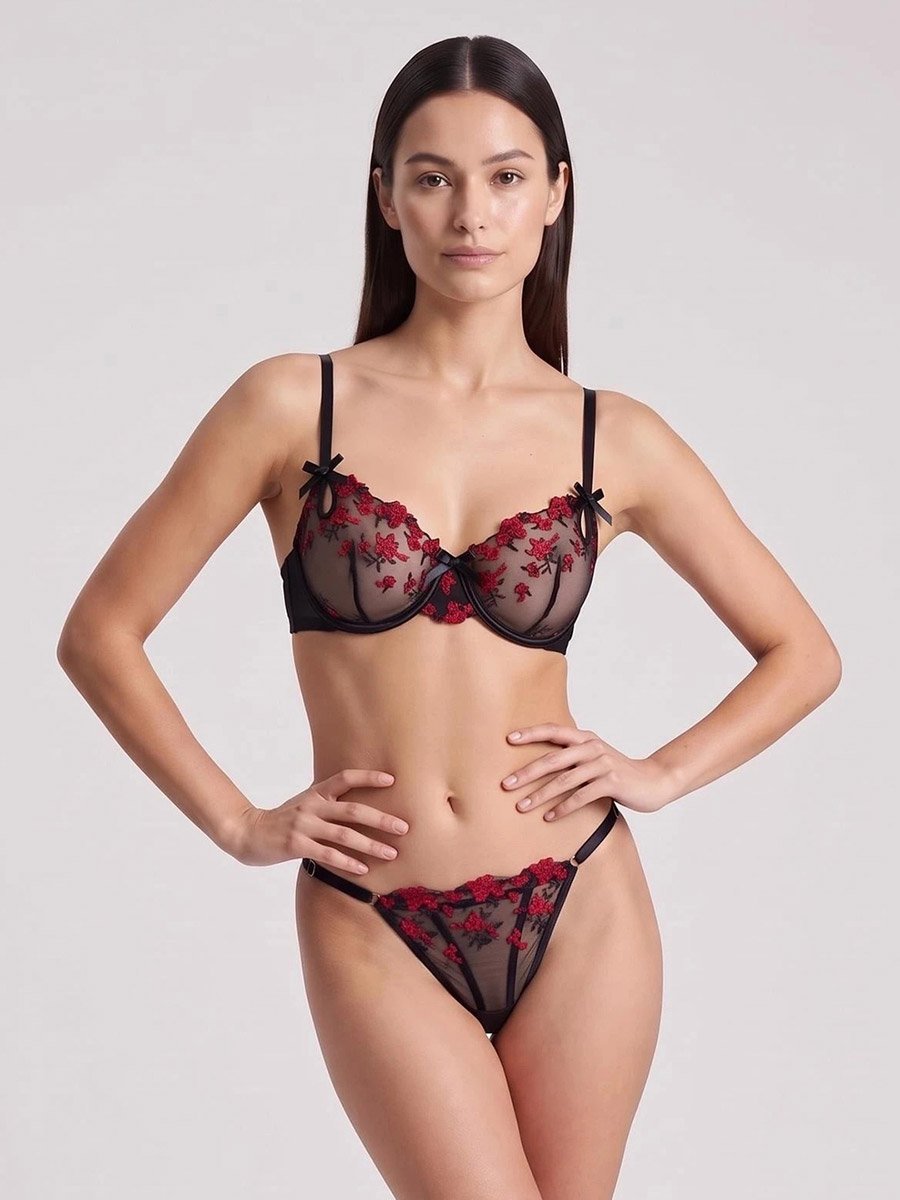 Floral Embroidered Mesh Non Padded Wired Bra and Thong Lingerie Set