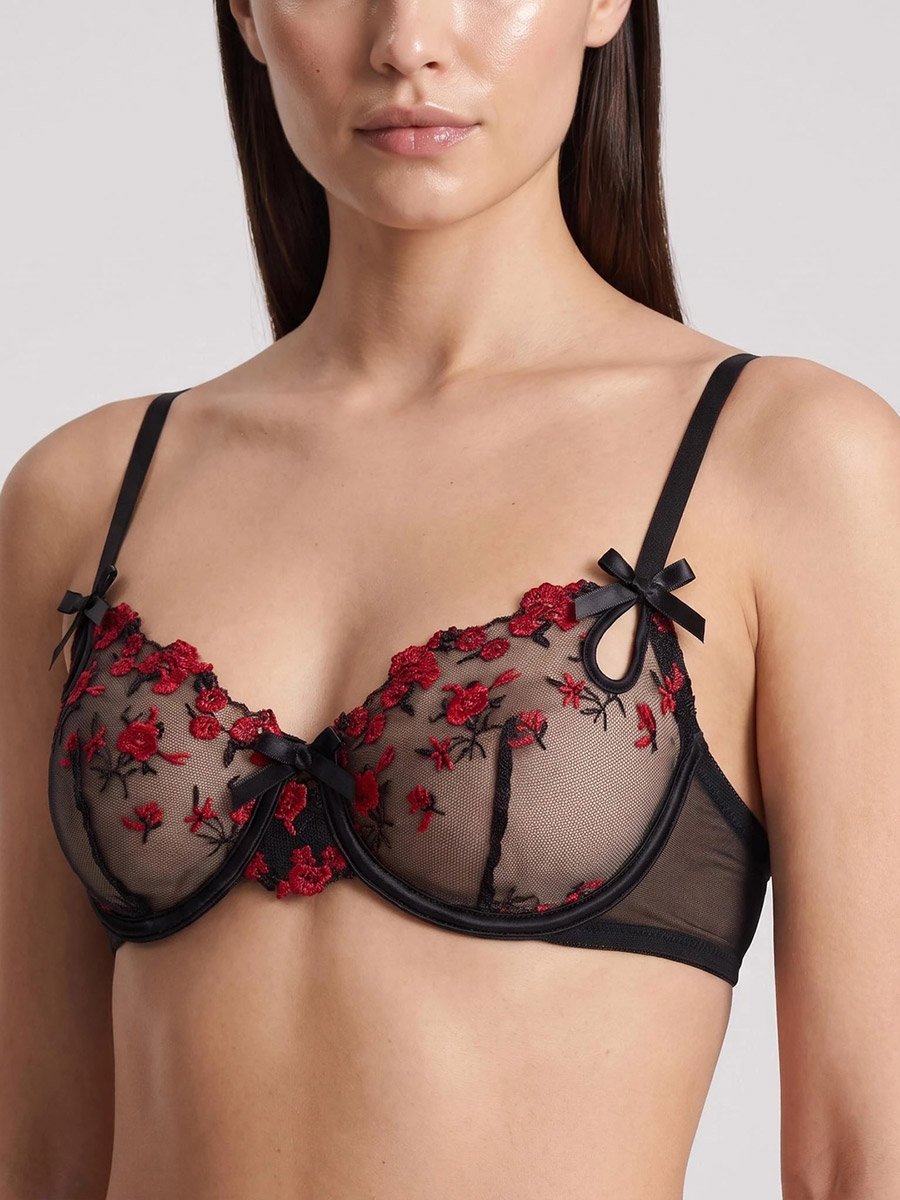 Floral Embroidered Mesh Non Padded Wired Bra and Thong Lingerie Set