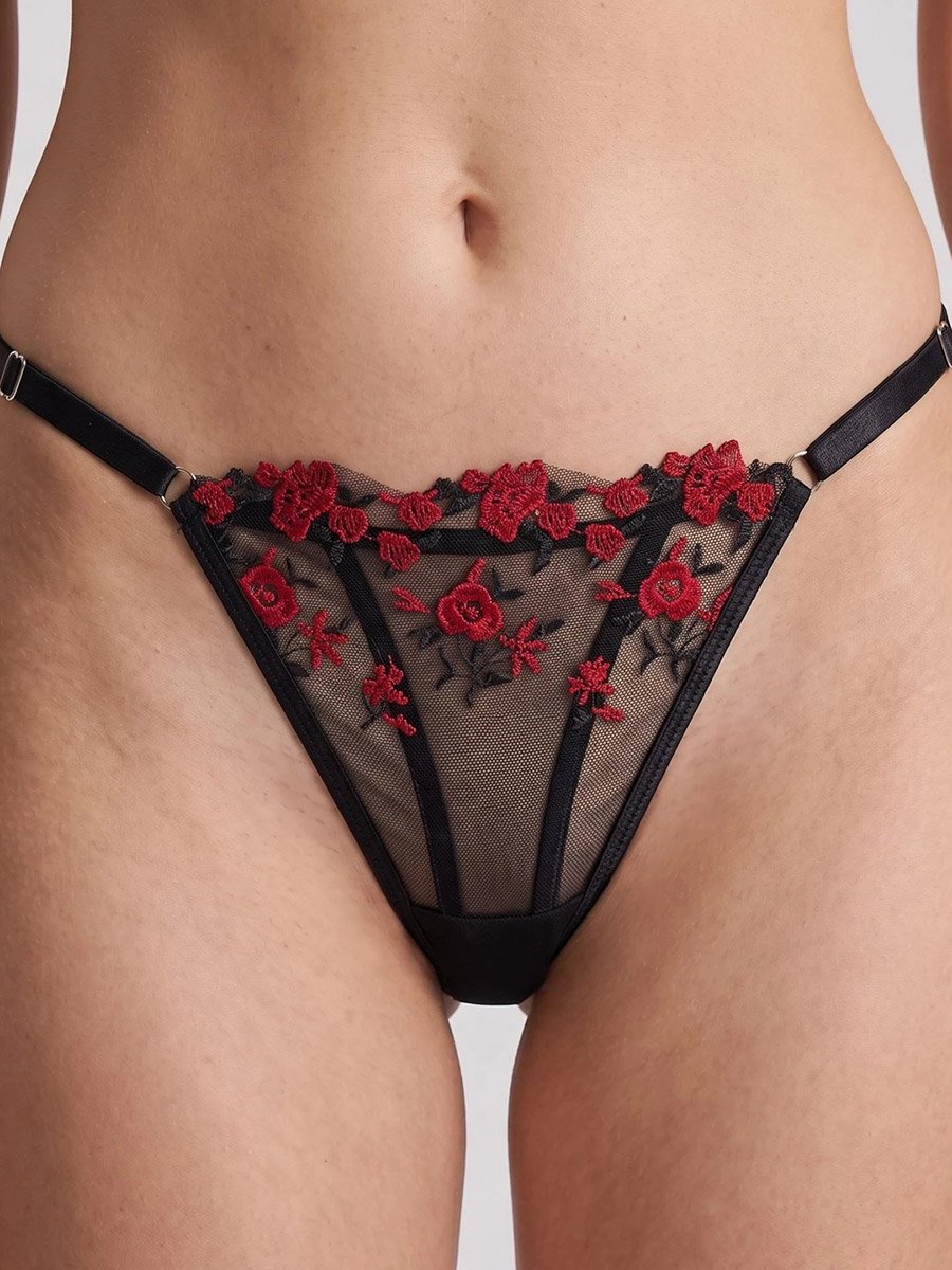 Floral Embroidered Mesh Non Padded Wired Bra and Thong Lingerie Set