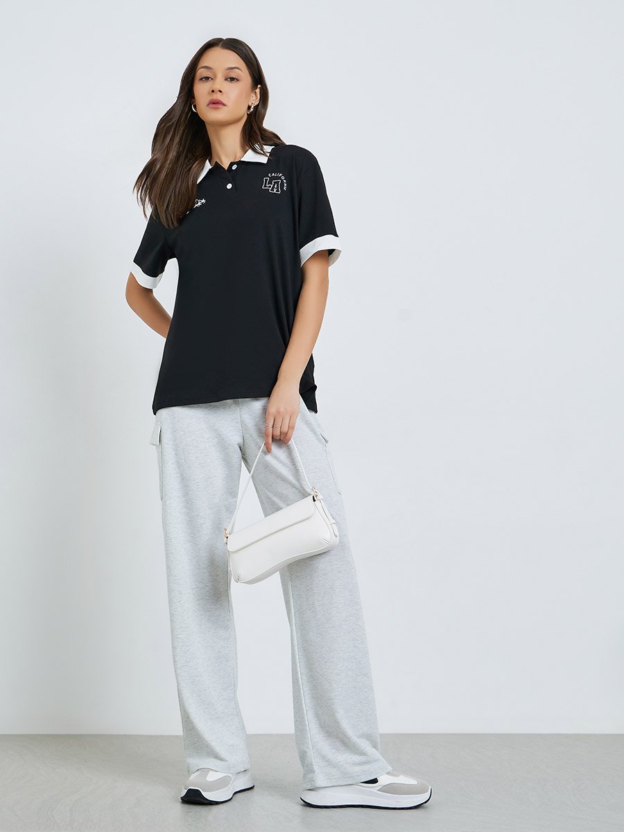 Black Graphic Oversized Polo T-Shirt