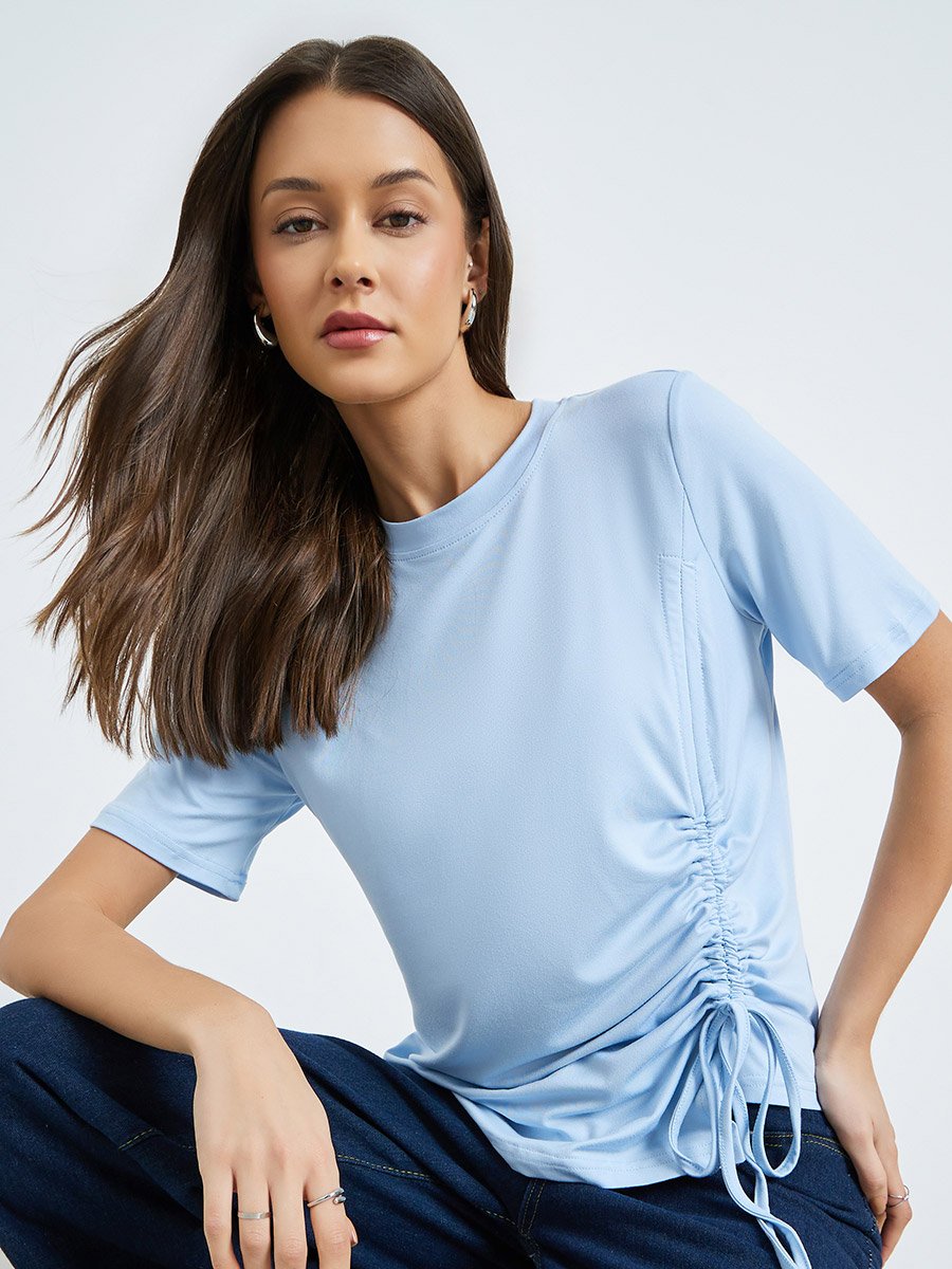 Blue Knitted T-Shirt with Adjustable Drawstring