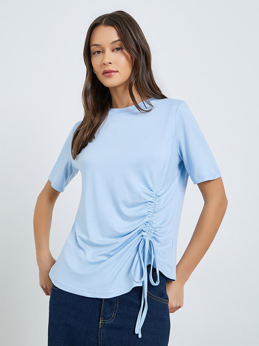 Blue Knitted T-Shirt with Adjustable Drawstring
