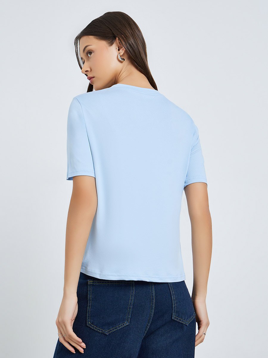 Blue Knitted T-Shirt with Adjustable Drawstring