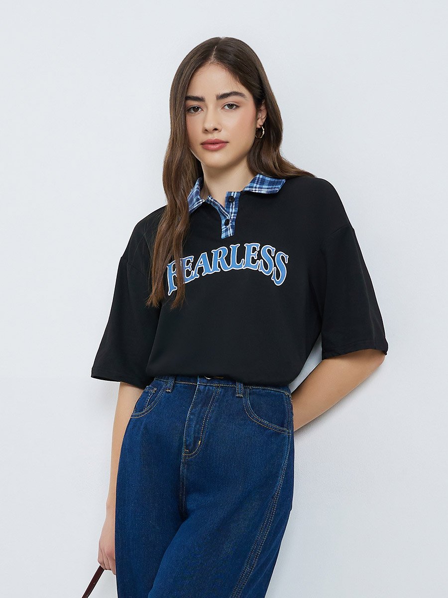 Black Oversized Slogan Print Polo T-Shirt
