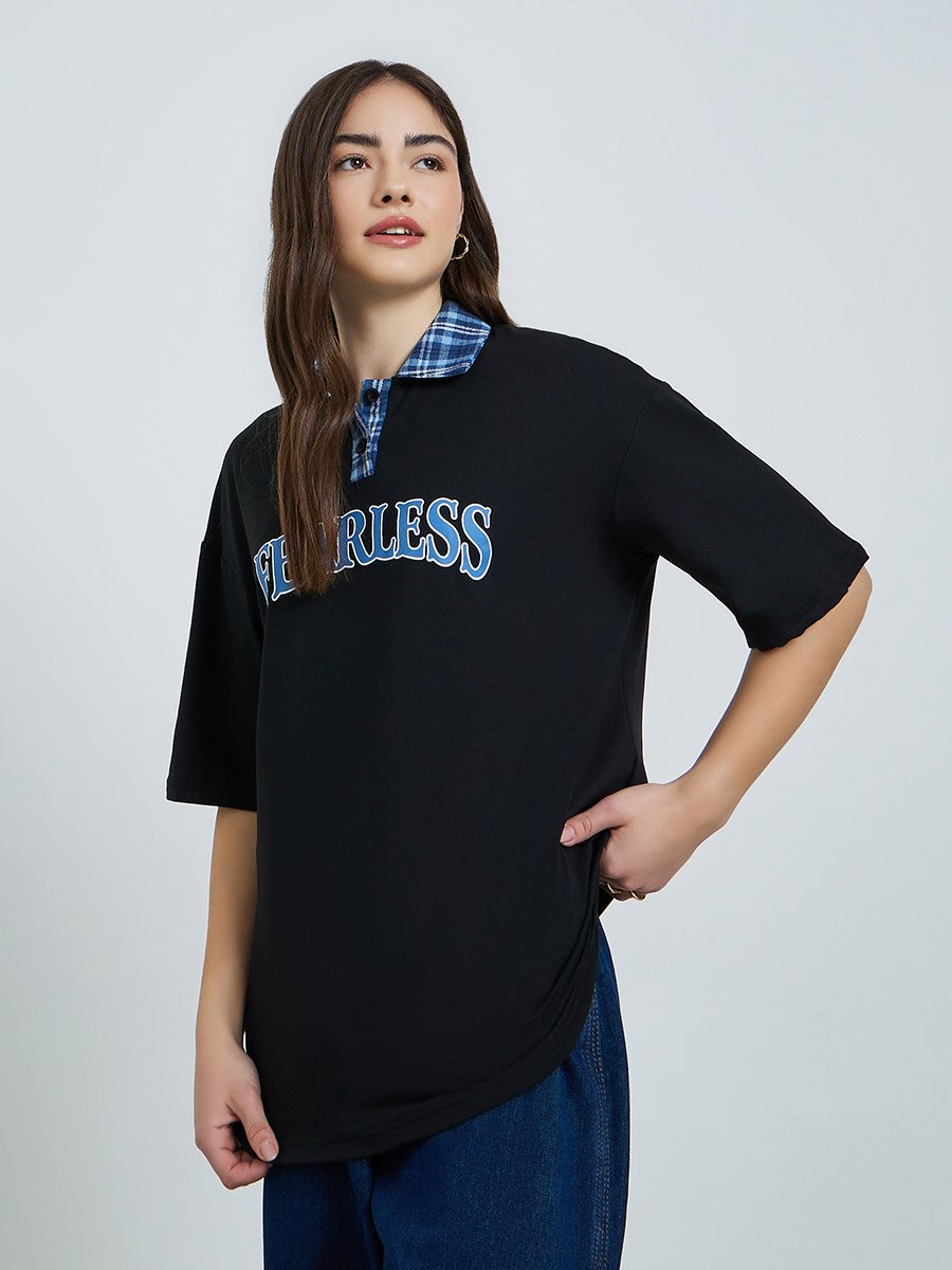 Black Oversized Slogan Print Polo T-Shirt