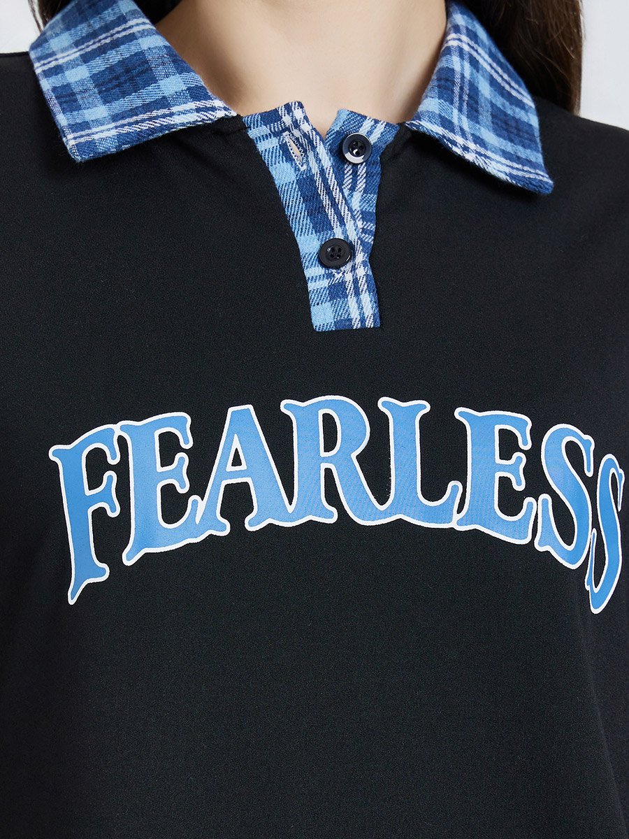 Black Oversized Slogan Print Polo T-Shirt