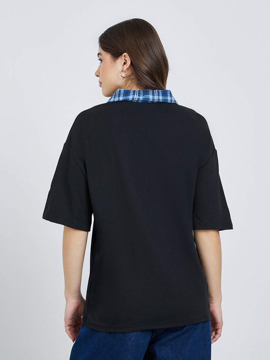 Black Oversized Slogan Print Polo T-Shirt