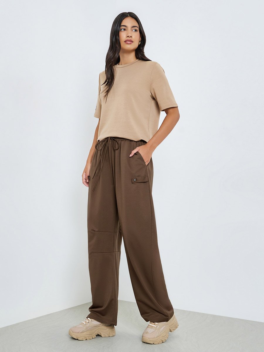 Brown Wide Leg Joggers with Drawstring