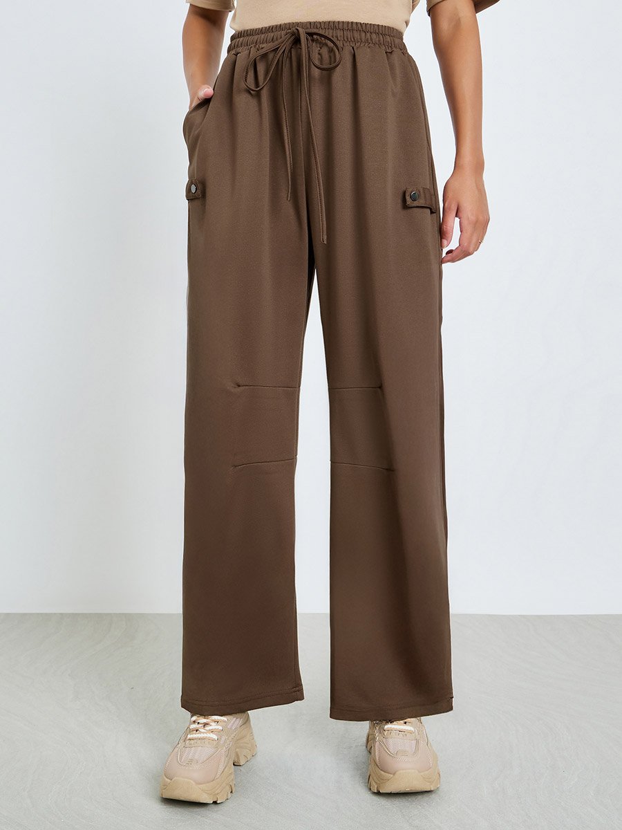 Brown Wide Leg Joggers with Drawstring