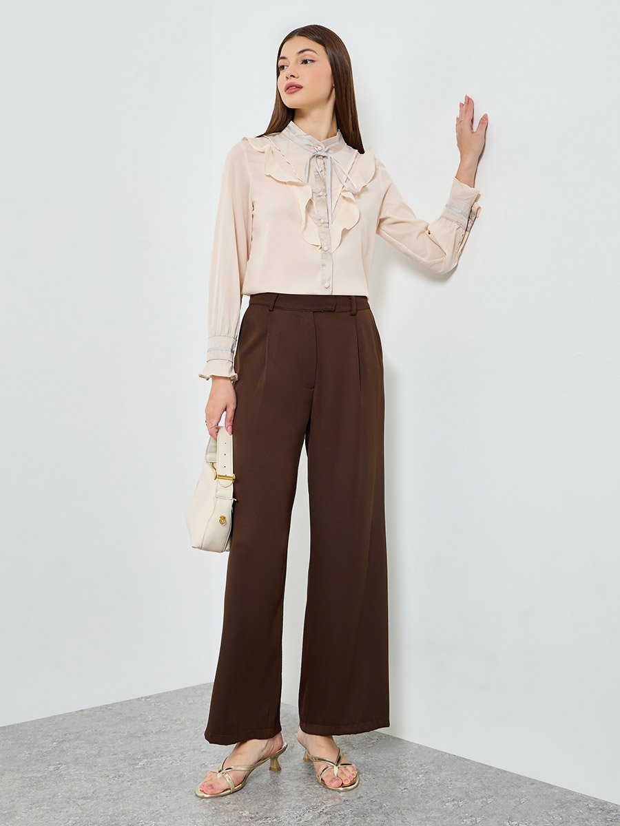 Beige Ruffled Detail Oversized Shirt