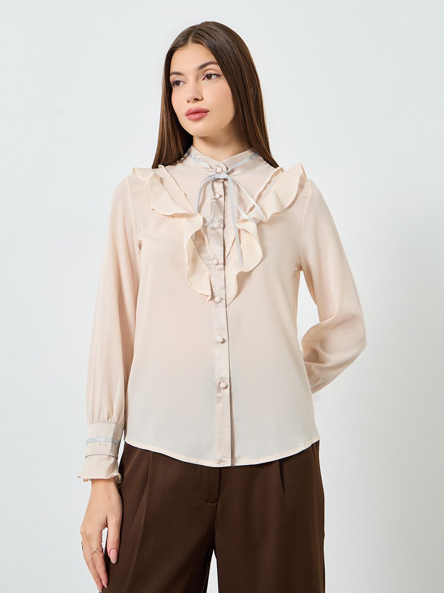 Beige Ruffled Detail Oversized Shirt
