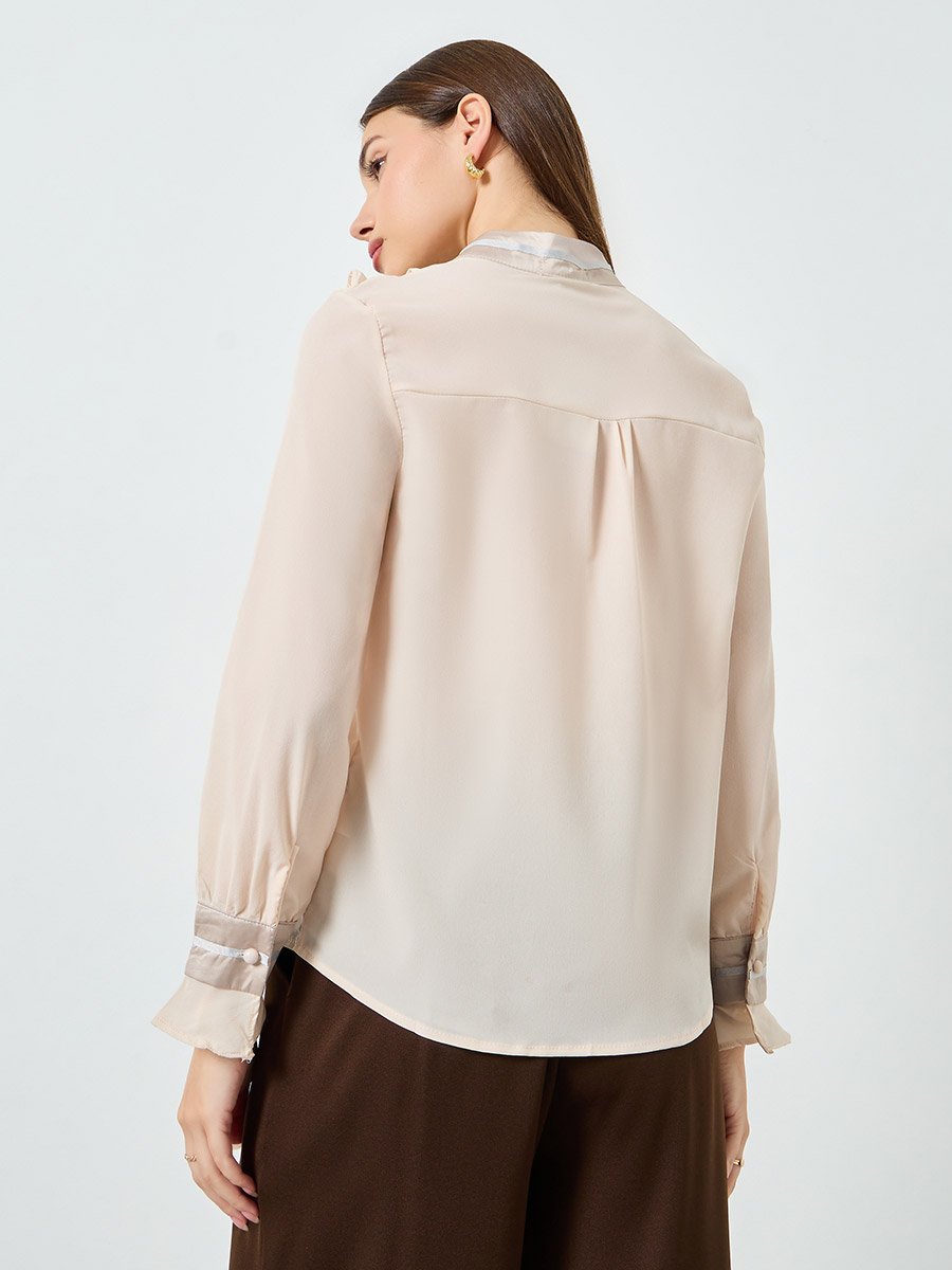 Beige Ruffled Detail Oversized Shirt
