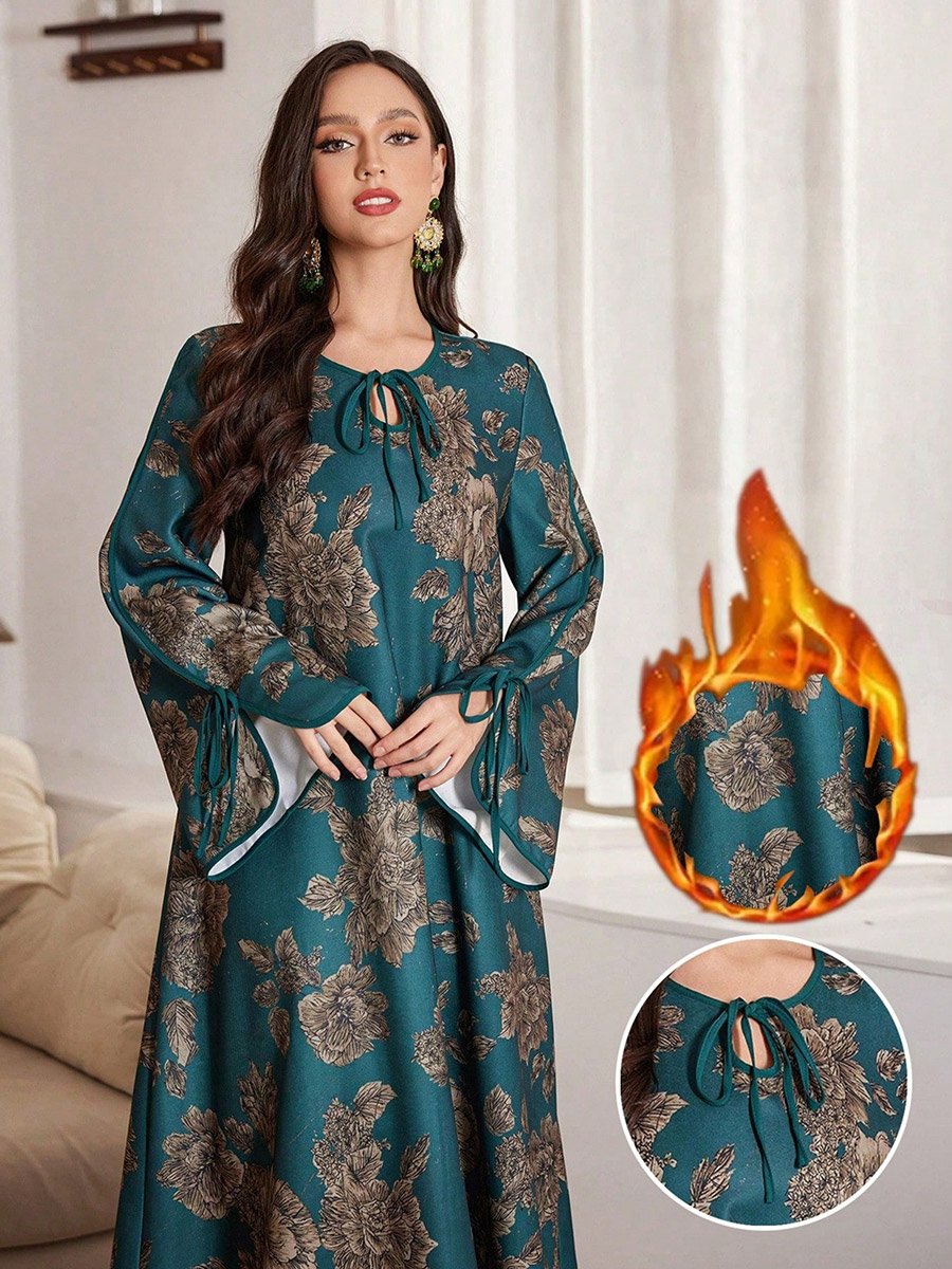Dark Green Floral Print Tie-Up Neck A-Line Jalabiya