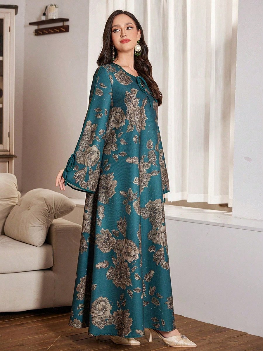 Dark Green Floral Print Tie-Up Neck A-Line Jalabiya