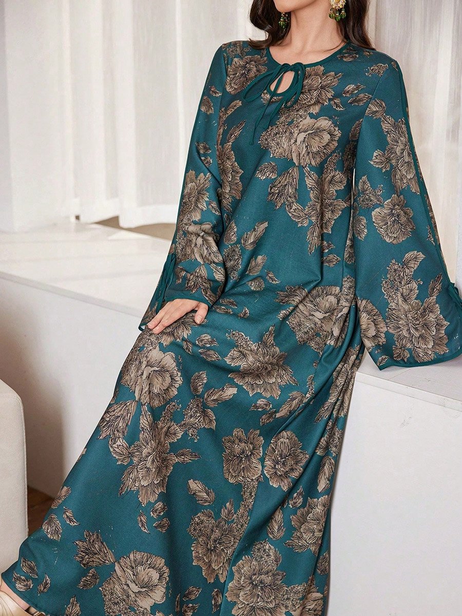 Dark Green Floral Print Tie-Up Neck A-Line Jalabiya