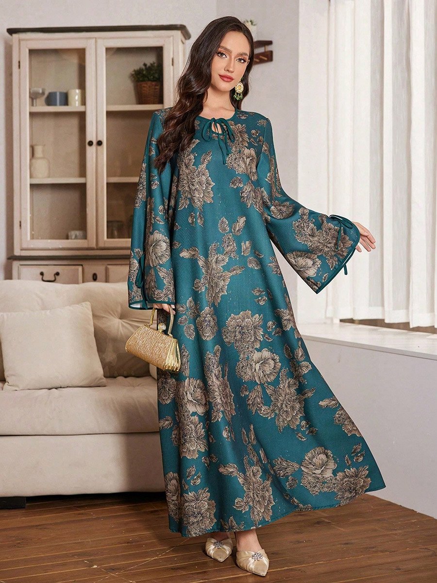 Dark Green Floral Print Tie-Up Neck A-Line Jalabiya