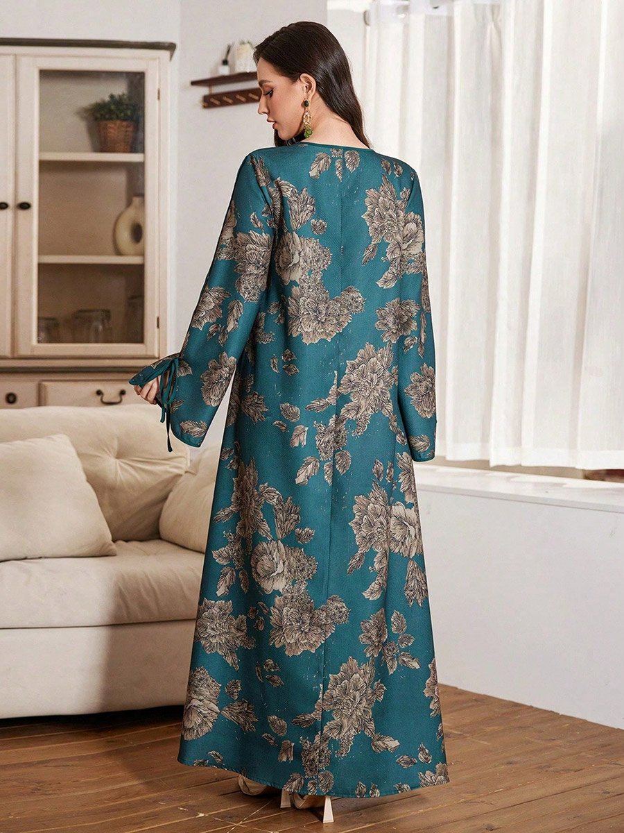 Dark Green Floral Print Tie-Up Neck A-Line Jalabiya