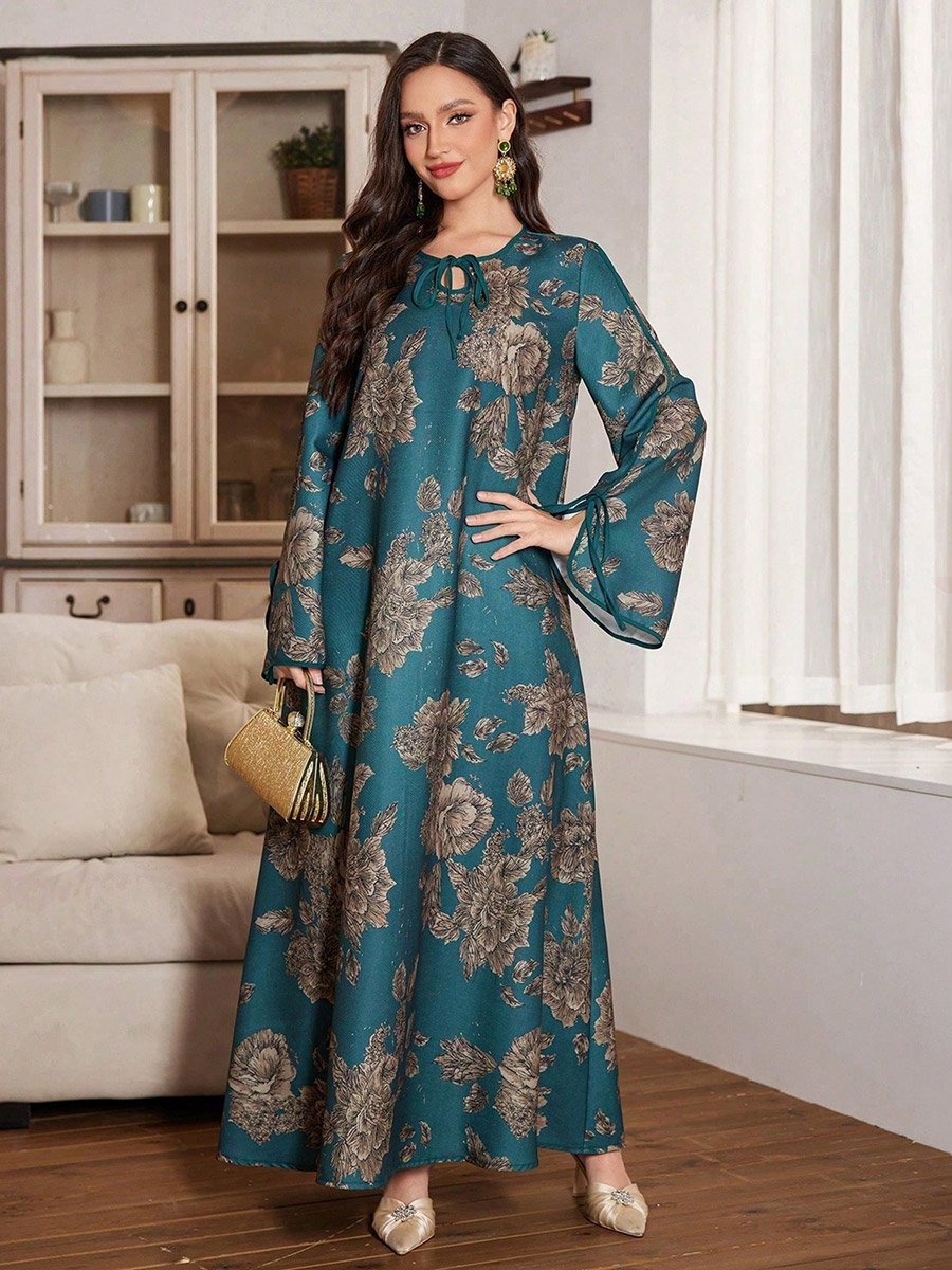 Dark Green Floral Print Tie-Up Neck A-Line Jalabiya