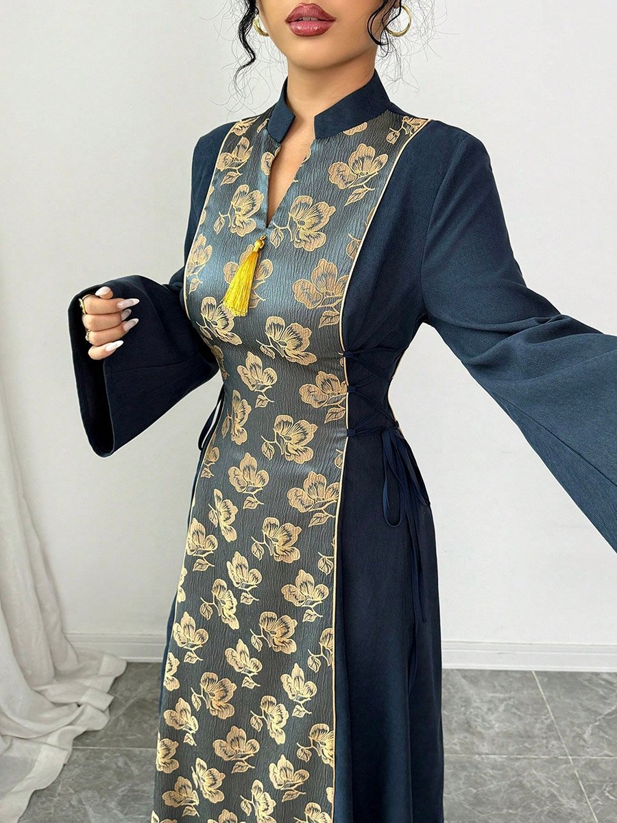 Navy Blue Floral Panel Printed Tassel Detail Jalabiya