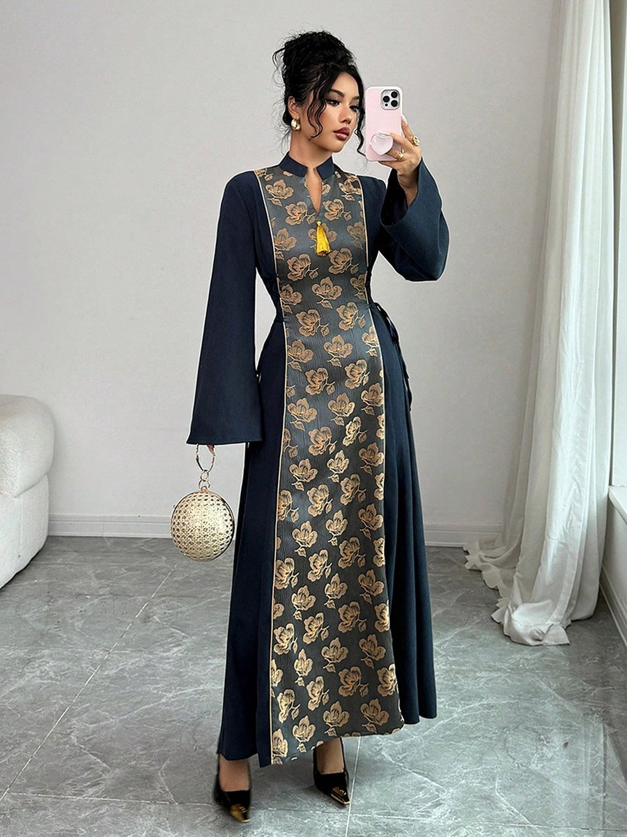 Navy Blue Floral Panel Printed Tassel Detail Jalabiya