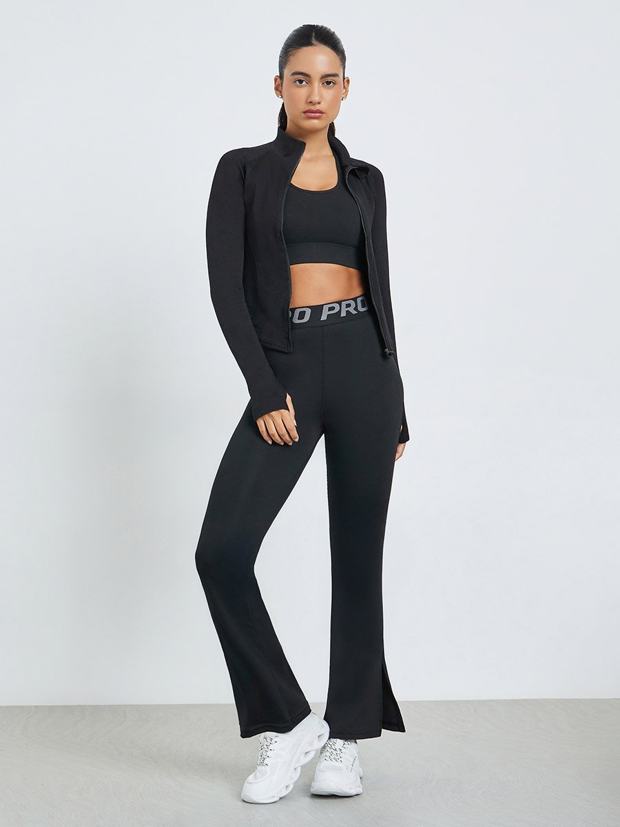 Black Contour Seam Detail Curved Hem Full Zip Up Jacket