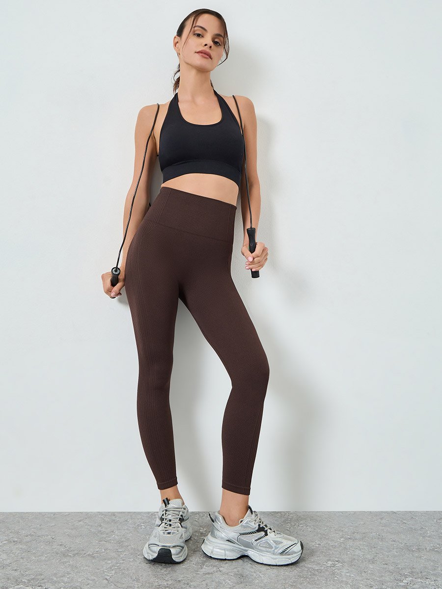 Brown Textured Rib Detail Broad Waistband Leggings
