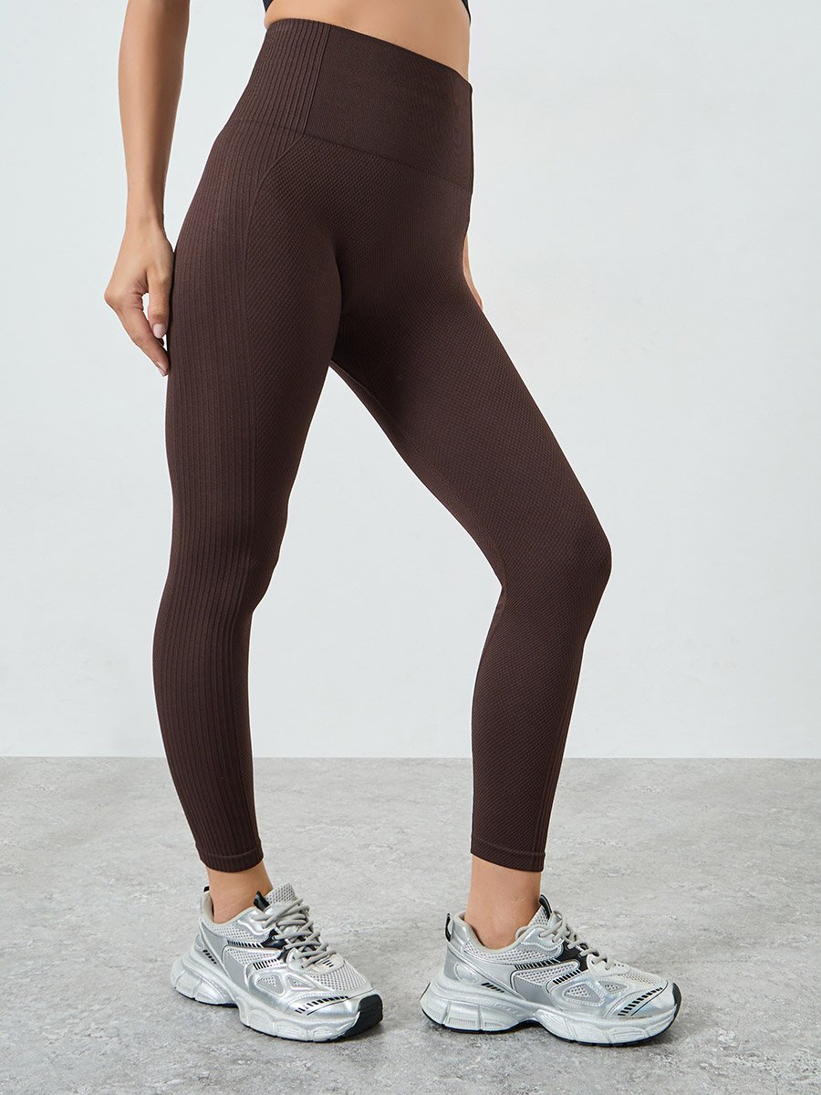 Brown Textured Rib Detail Broad Waistband Leggings