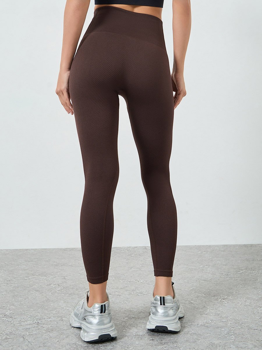 Brown Textured Rib Detail Broad Waistband Leggings