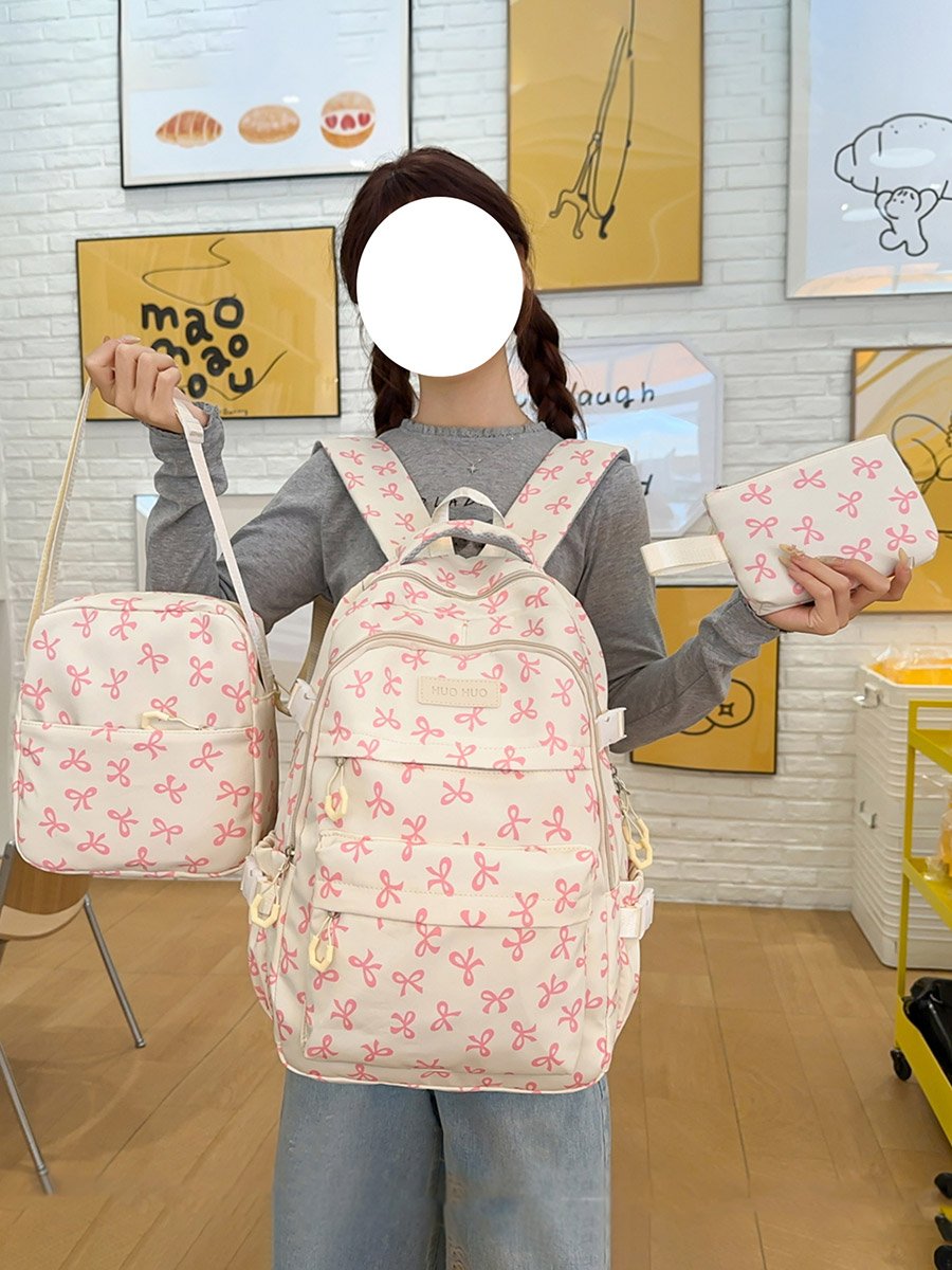 Pink Bow Print Backpack with Shoulder Bag and Purse Set