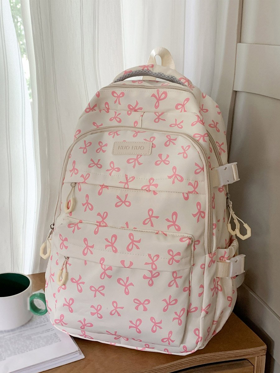 Pink Bow Print Backpack with Shoulder Bag and Purse Set