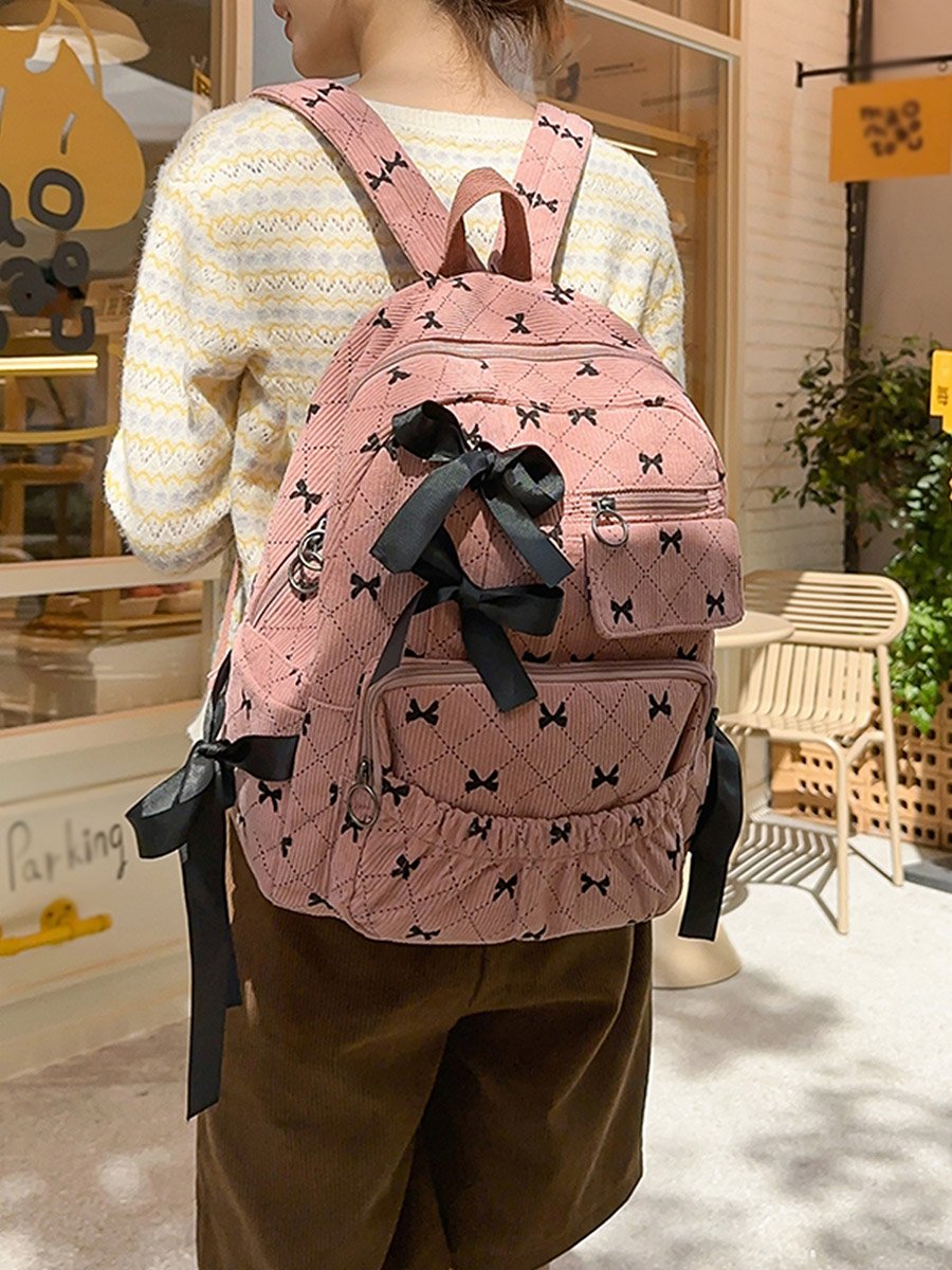 Bow Print Zip Closure Backpack