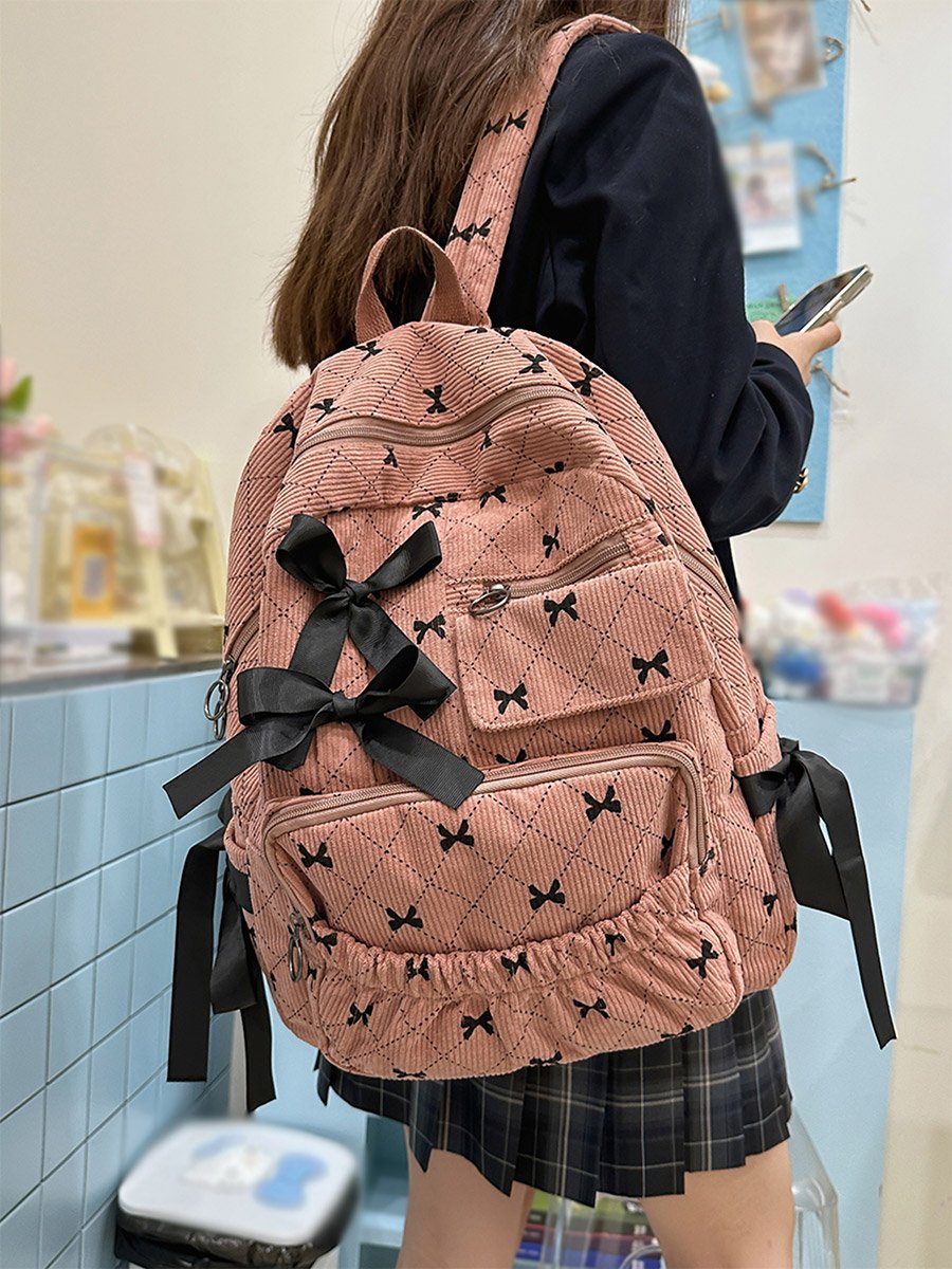 Bow Print Zip Closure Backpack