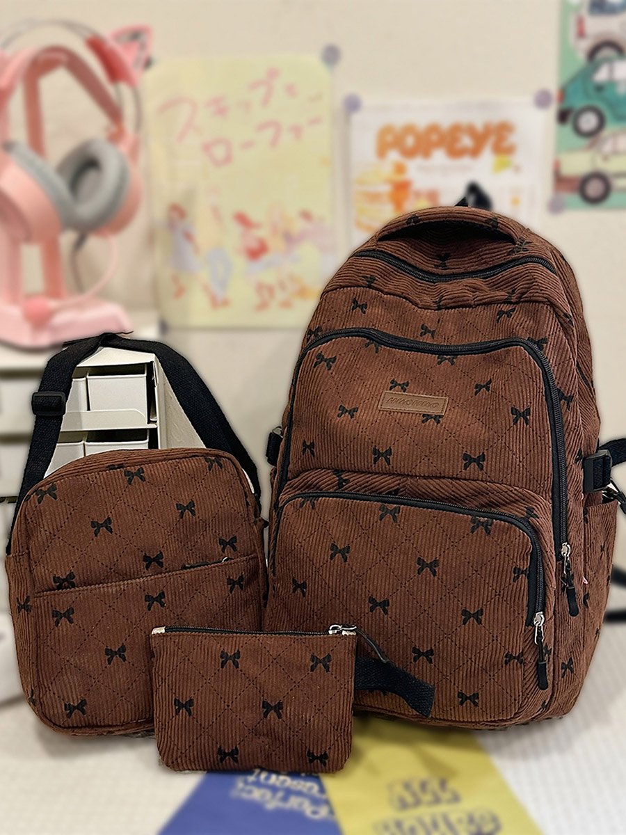 Bow Print Zip Closure Backpack with Shoulder Bag and Purse Set