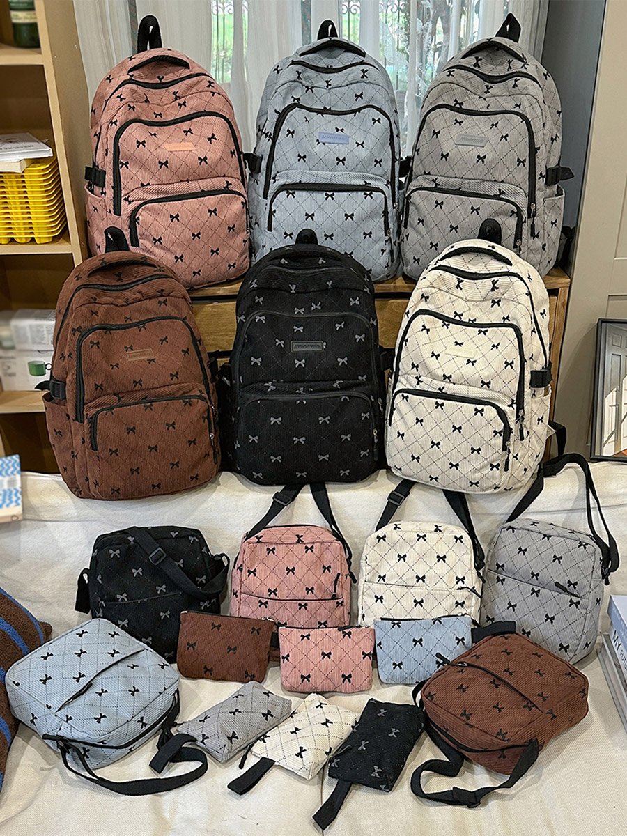 Bow Print Zip Closure Backpack with Shoulder Bag and Purse Set