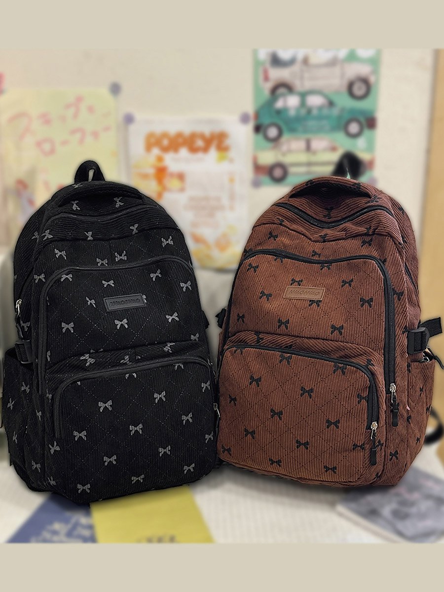 Bow Print Zip Closure Backpack with Shoulder Bag and Purse Set