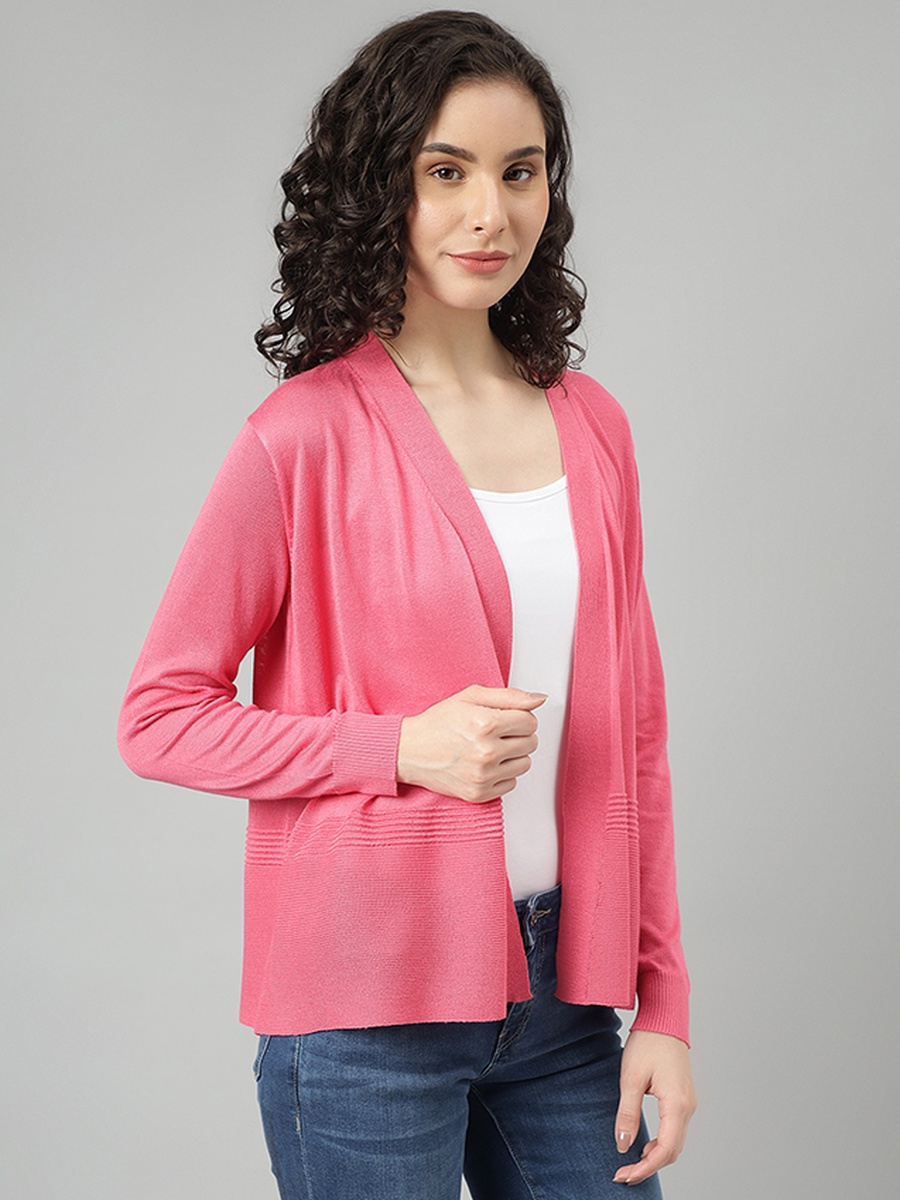 Women Magenta Knitted Long Sleeves Cardigan