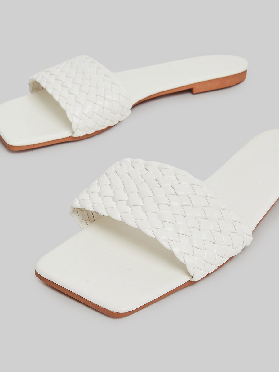White Braided Slip-On Flat Sandals