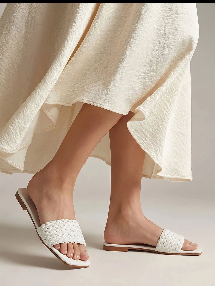 White Braided Slip-On Flat Sandals