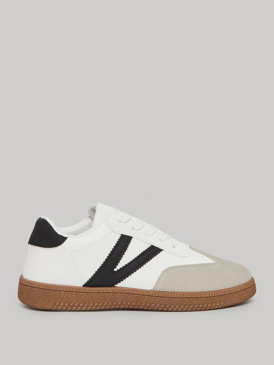 White Panelled Lace-Up Sneakers