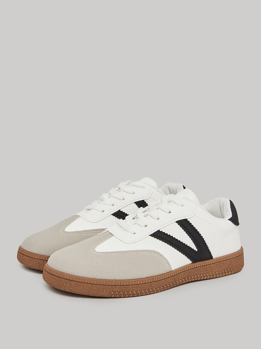 White Panelled Lace-Up Sneakers