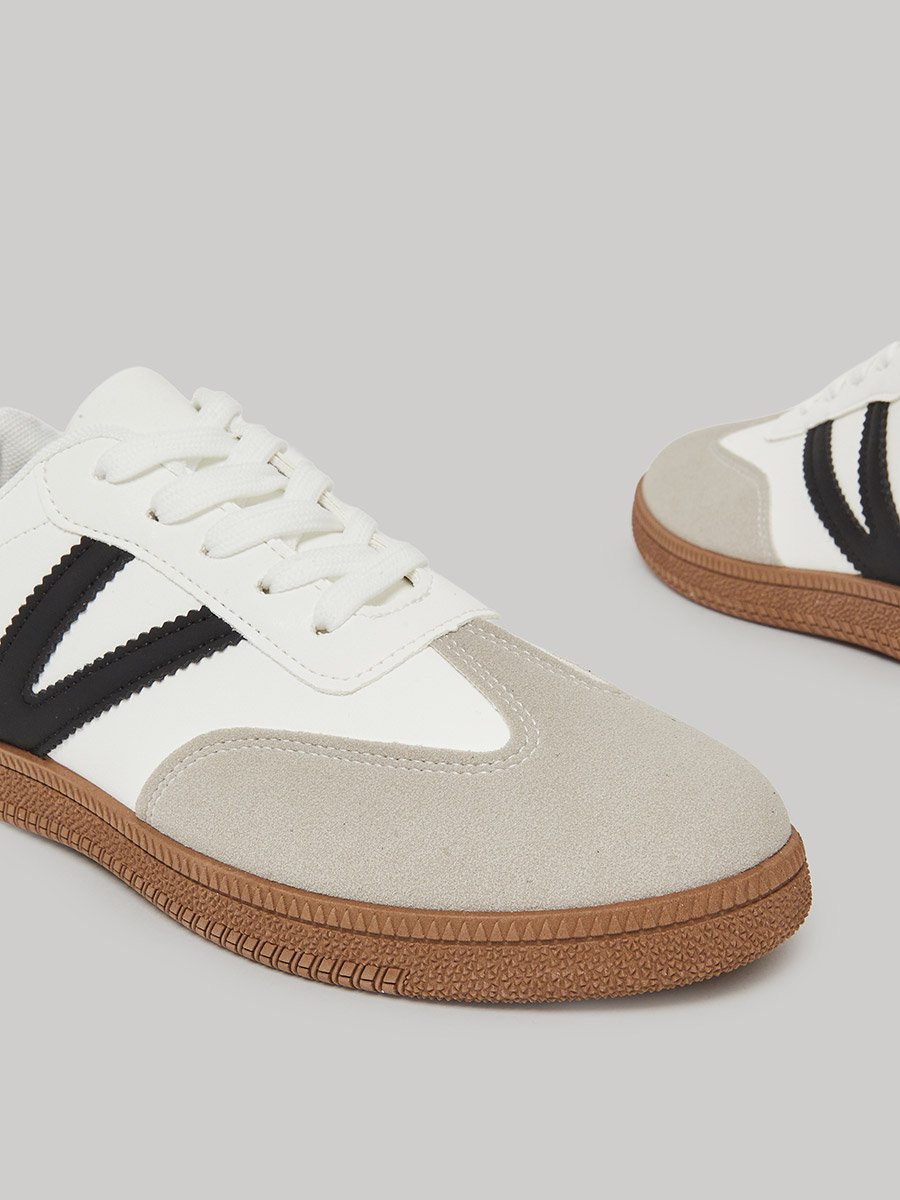 White Panelled Lace-Up Sneakers