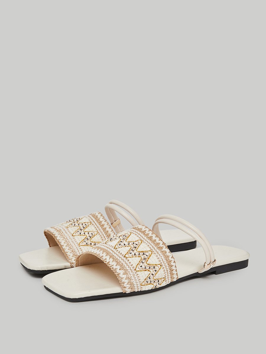 White Embroidered Slip-On Flat Sandals