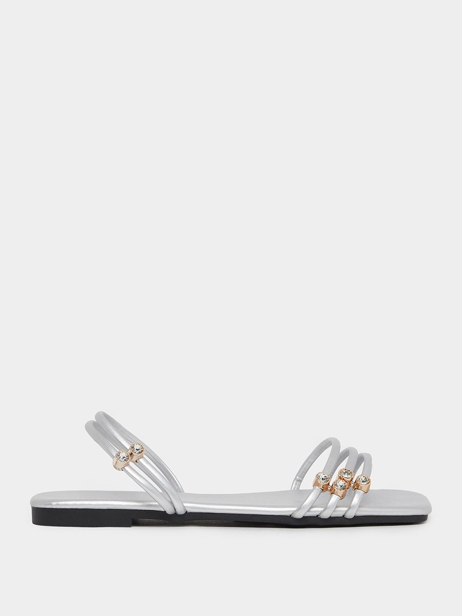 Silver Embellished Strappy Flat Sandals