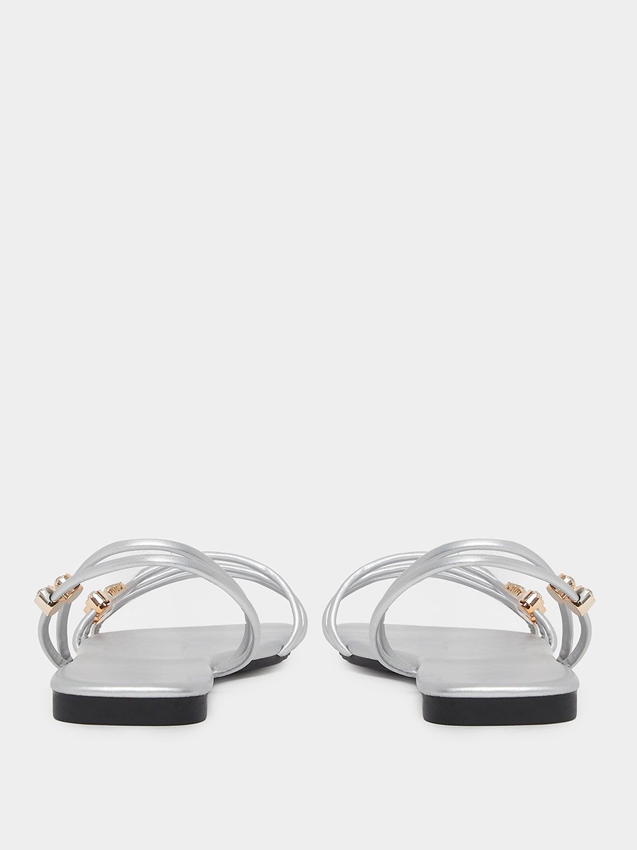 Silver Embellished Strappy Flat Sandals