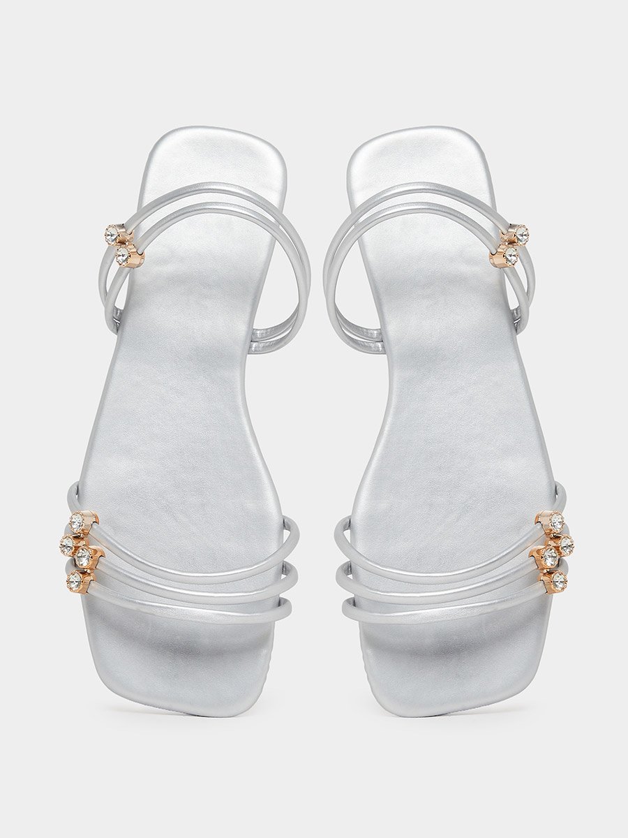 Silver Embellished Strappy Flat Sandals