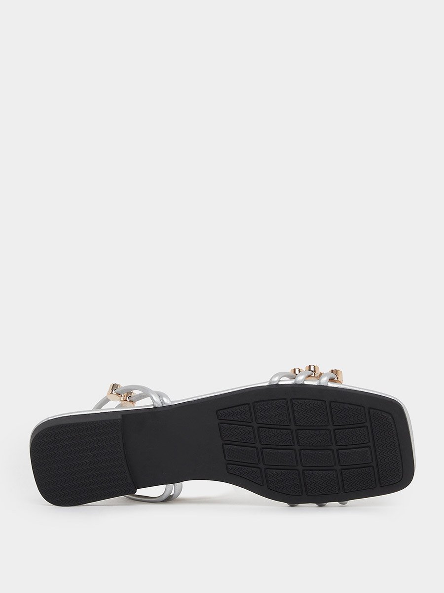 Silver Embellished Strappy Flat Sandals